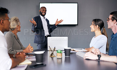Buy stock photo Businessman, coaching and presentation in meeting on mockup screen for project management at the office. Black man, coach or business mentor in team brainstorming or training staff at the workplace