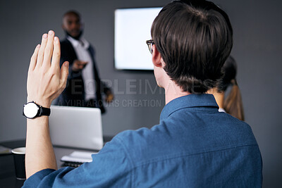 Buy stock photo Businessman, hand and question in meeting presentation for interaction, teamwork or answer at the office. Man in audience with raised hands in coaching or staff training for FAQ, idea or solution