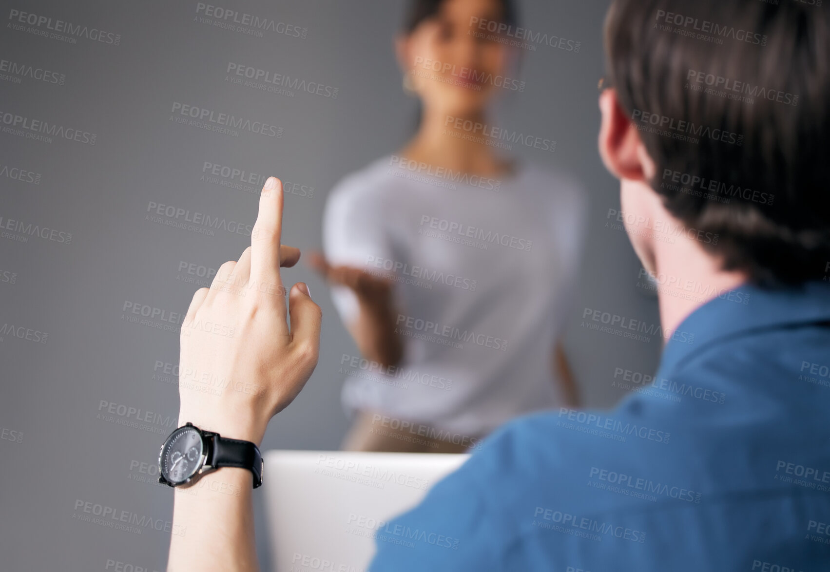 Buy stock photo Businessman, hand and question in meeting for solution, interaction or answer at the office. Man in audience with raised hands in coaching presentation or staff training for FAQ or idea at workplace