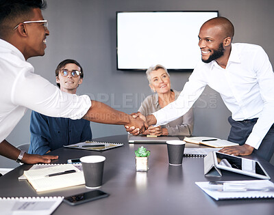 Buy stock photo Business people, handshake and meeting for partnership, deal or b2b agreement together at office. Businessman shaking hands for teamwork, collaboration or welcome in hiring or recruiting at workplace