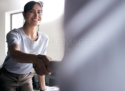 Buy stock photo Business woman, handshake and meeting for hiring, partnership or b2b deal and agreement at office. Hand of employees shaking hands for teamwork, collaboration or welcome in recruiting at workplace
