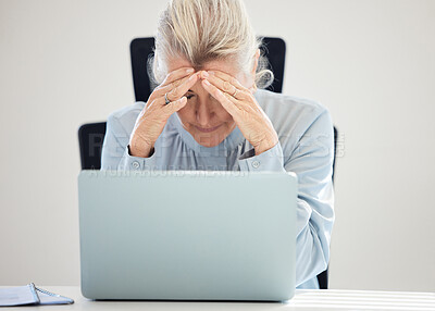 Buy stock photo Headache, laptop and business woman reading report, fail or online mistake, sad news or career problem. Stress, confused and professional boss or person with depression on laptop for email or results