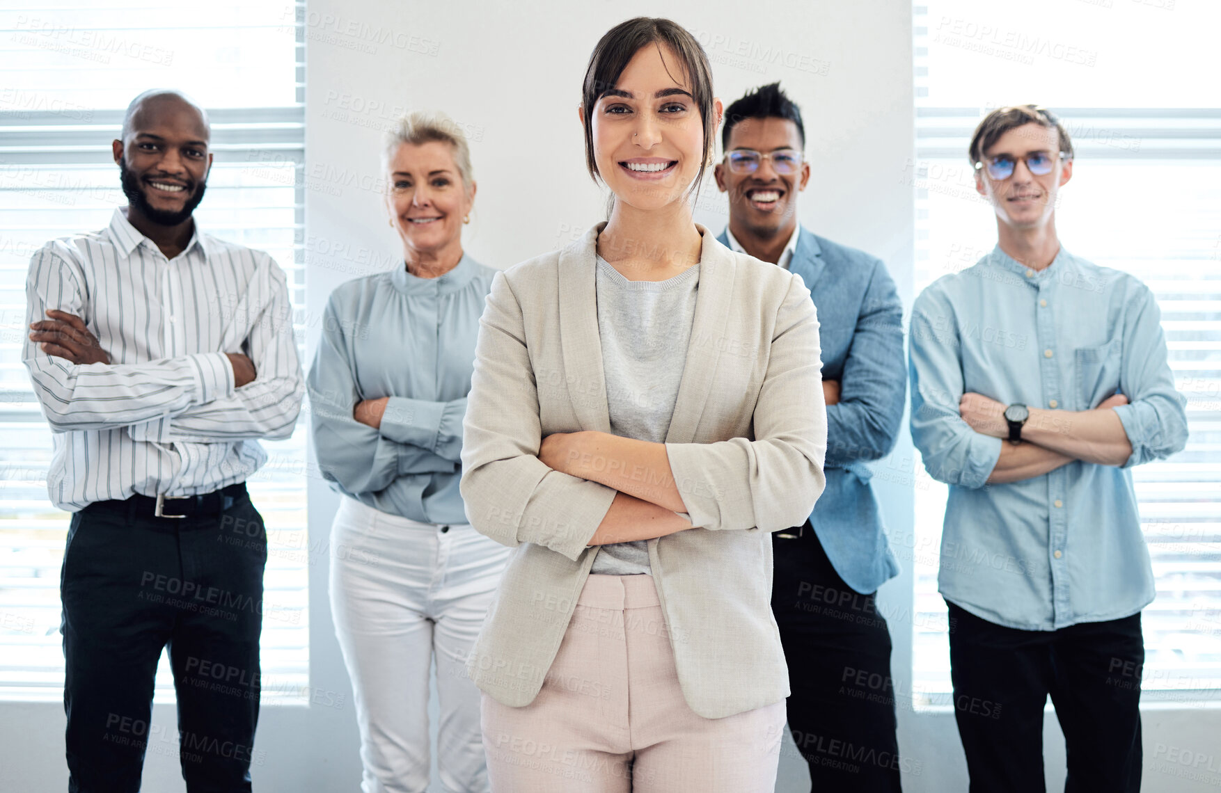 Buy stock photo Portrait, happy woman and team manager with business people for cooperation, about us or solidarity in startup. Group, confident leader and consultant with arms crossed for diversity or collaboration