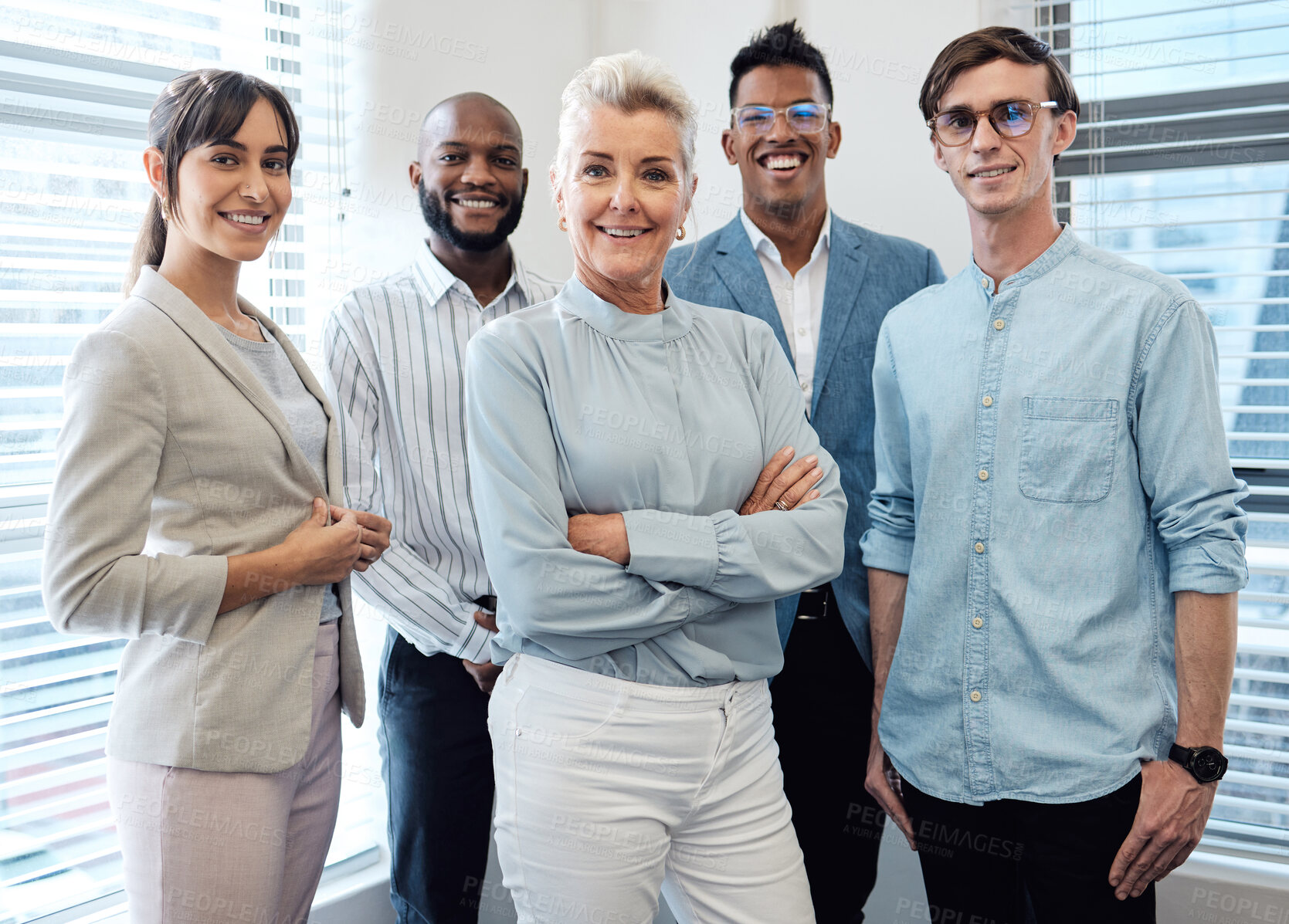 Buy stock photo Portrait, happy group and leader with confident business people for career, about us or solidarity in startup. Team, manager and financial consultant with arms crossed for diversity or collaboration