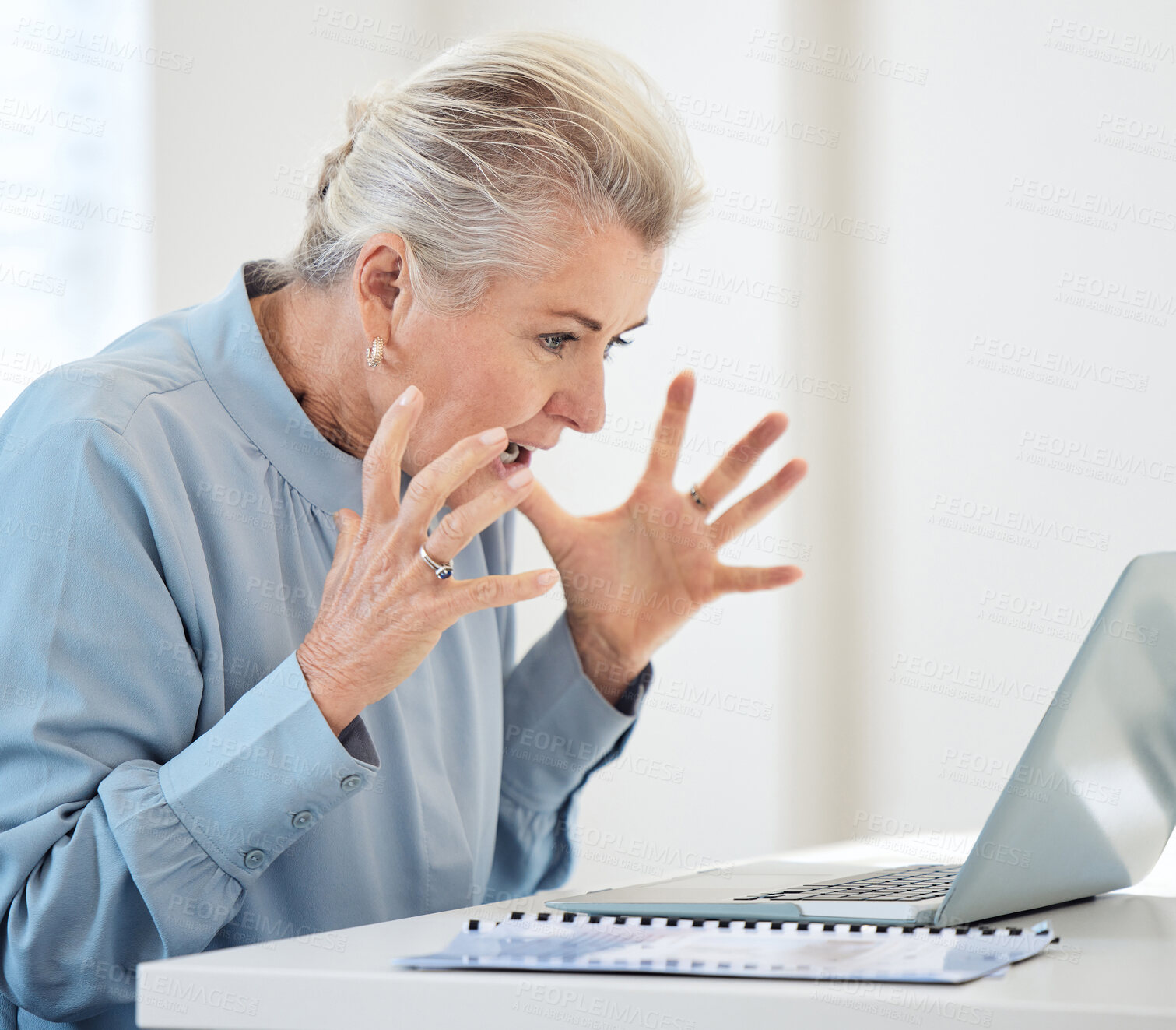 Buy stock photo Mature businesswoman, laptop and frustration with technology, slow internet or 404 glitch. Manager, computer and yell for office anxiety, deadline and project problem with annoyed shout and stress