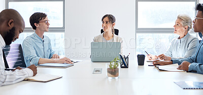 Buy stock photo Meeting, business people and manager on laptop, talking and discussion, feedback and ideas, talking or listening. Manager, employees and women, men or team with group notes, staff update and agenda