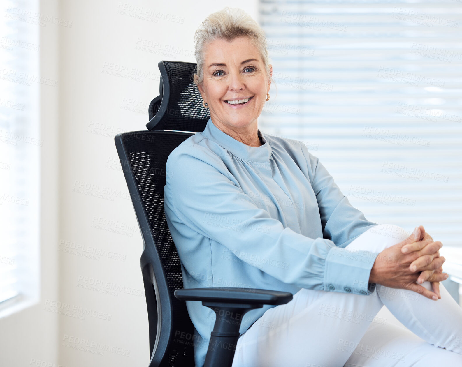 Buy stock photo Mature, portrait and woman relax in office with confidence for organization, business and ceo of social enterprise for charity. Empowerment, ambition and female entrepreneur of nonprofit foundation.