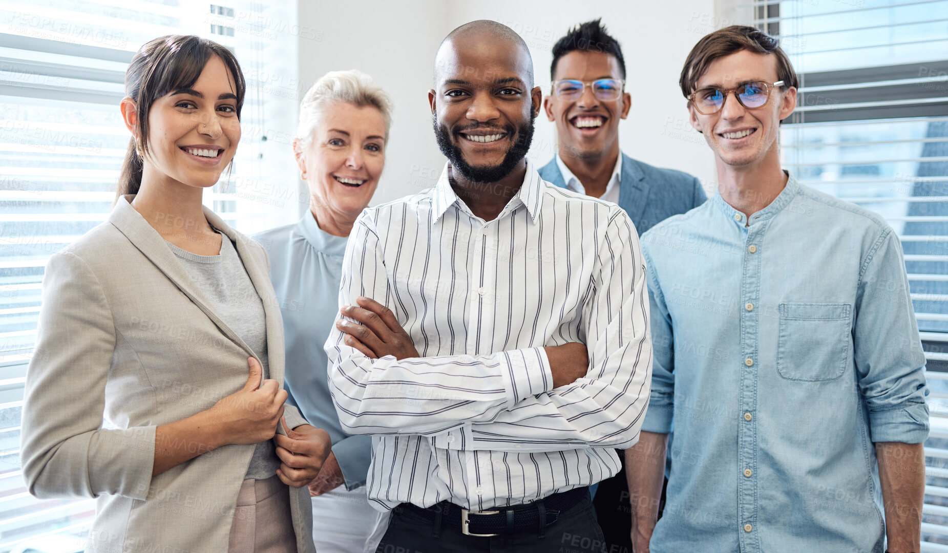 Buy stock photo Portrait, smile and team of confident business people in office for cooperation, about us or solidarity. Group, manager and agent with arms crossed for diverse leader in startup for collaboration