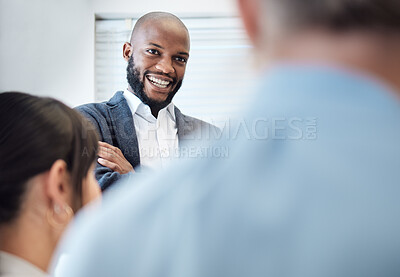 Buy stock photo Black man, employee and happy with discussion in office for teamwork, collaboration and progress. People, work and smile for unity with pride or satisfied on career or company growth as accountant