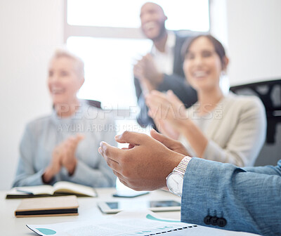 Buy stock photo Hands, applause and people in business meeting, presentation or team building workshop with staff. Group, hand closeup and clapping for celebration, achievement or corporate success, target or goal
