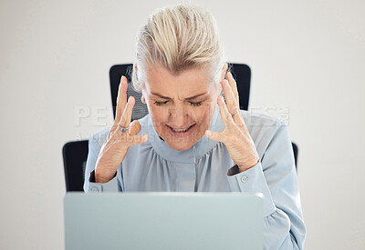 Buy stock photo Stress, frustrated and business woman on laptop with anxiety, angry and confused for 404, error or mistake. Crisis, fail and problem of senior person on computer in burnout, depression or work anger