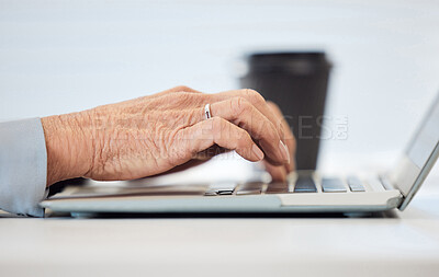 Buy stock photo Laptop, typing and business person hands for email, online review and research, asset management or digital report. Career manager or senior people working on computer, internet or retirement website