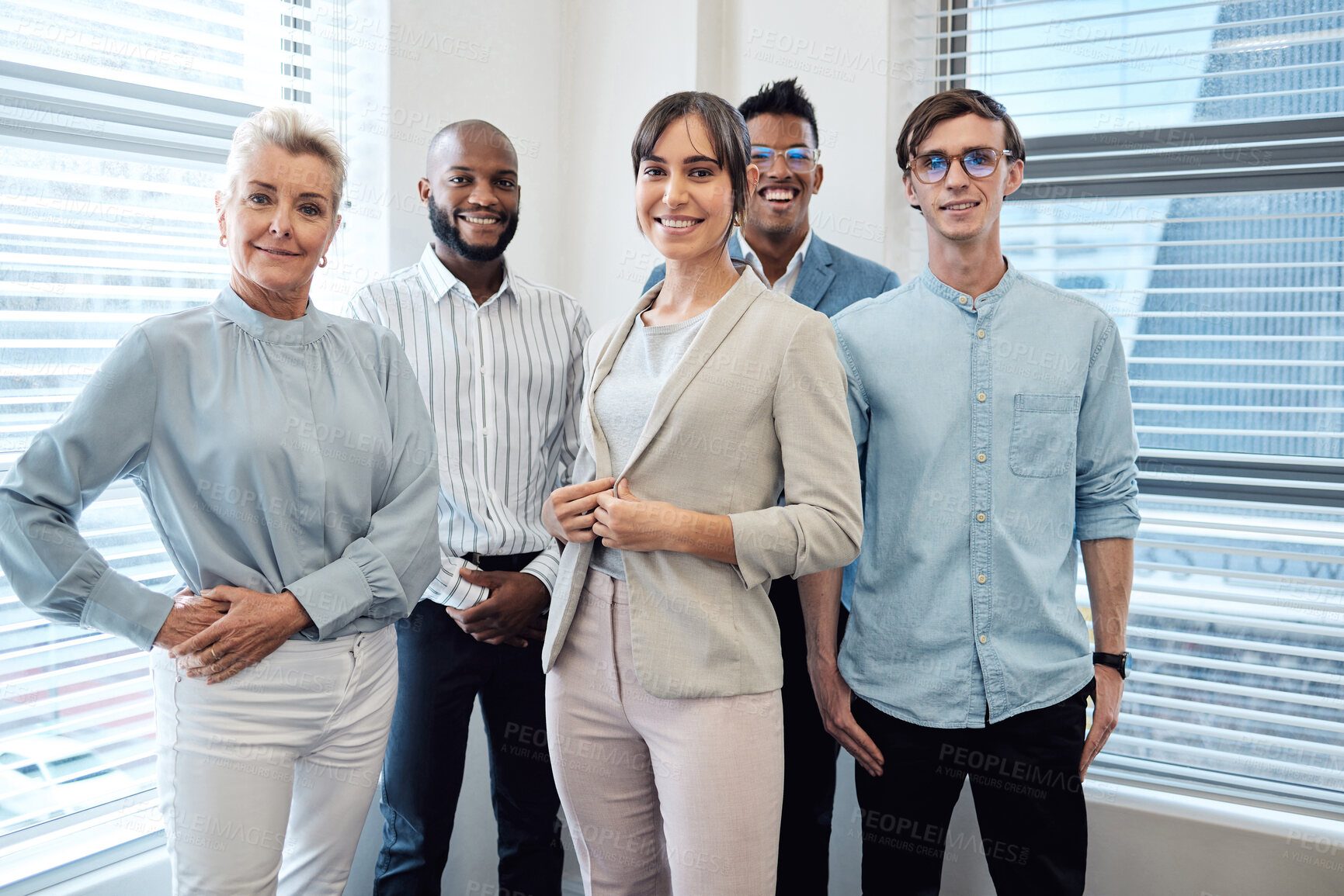 Buy stock photo Portrait, smile and team of business people in office for cooperation, about us or staff solidarity in startup. Group, manager and happy consultant together for diversity, collaboration or community