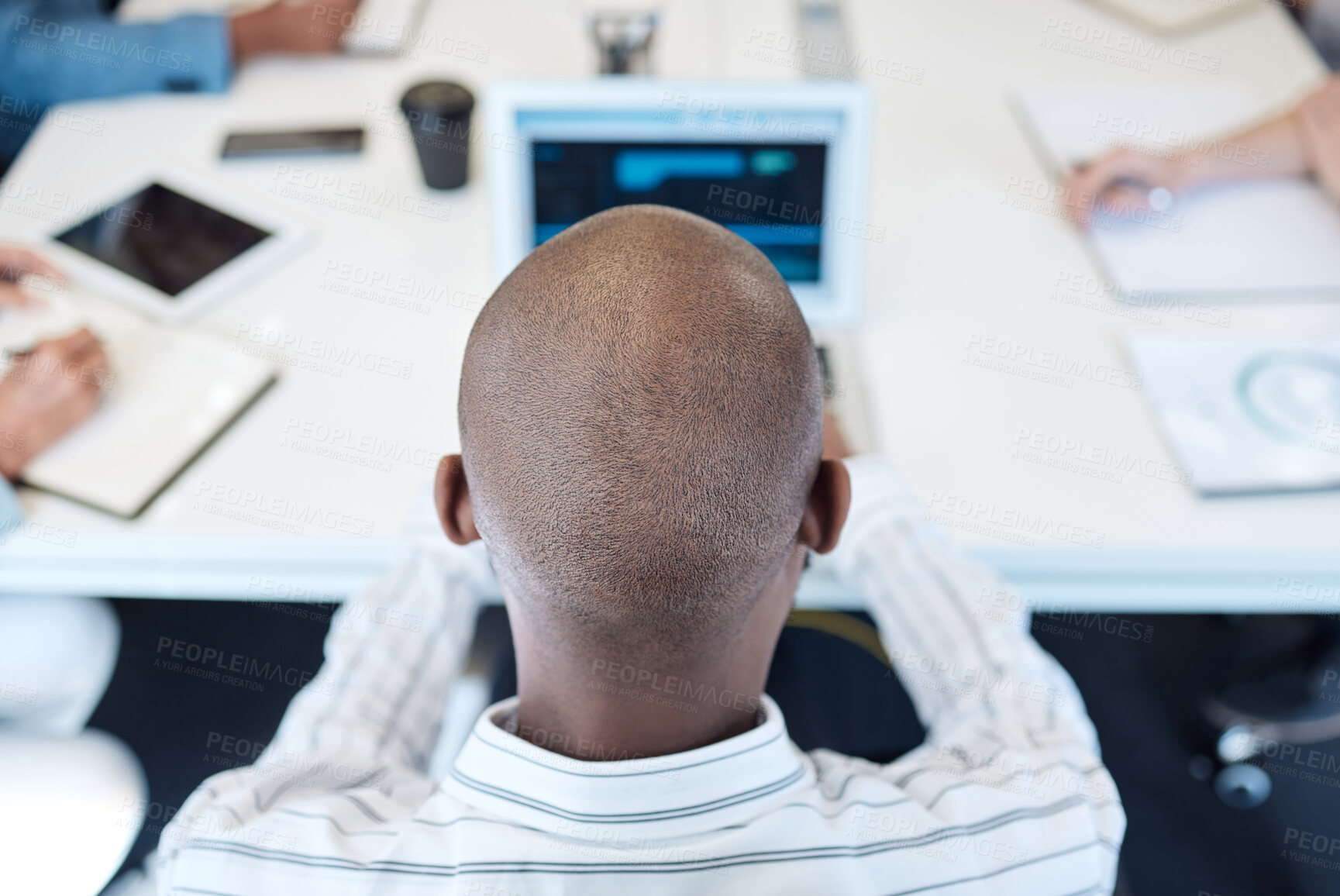 Buy stock photo Black man, employee and meeting on back with discussion in office for teamwork, collaboration and progress. People, work and laptop for unity with report or feedback on company finances or statements