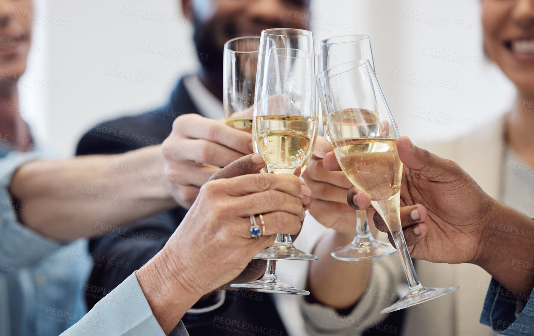 Buy stock photo Champagne, toast and business people for celebration, success and social event, company party and happy career. Wine glasses, alcohol and professional woman, men or team hands cheers for work goals