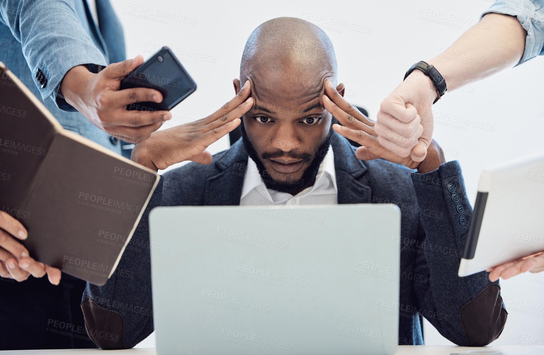 Buy stock photo Business, black man and stress for hands with technology for multitasking, work pressure and overload for task deadline. Person, burnout and tired of workload or delegation for project and report.