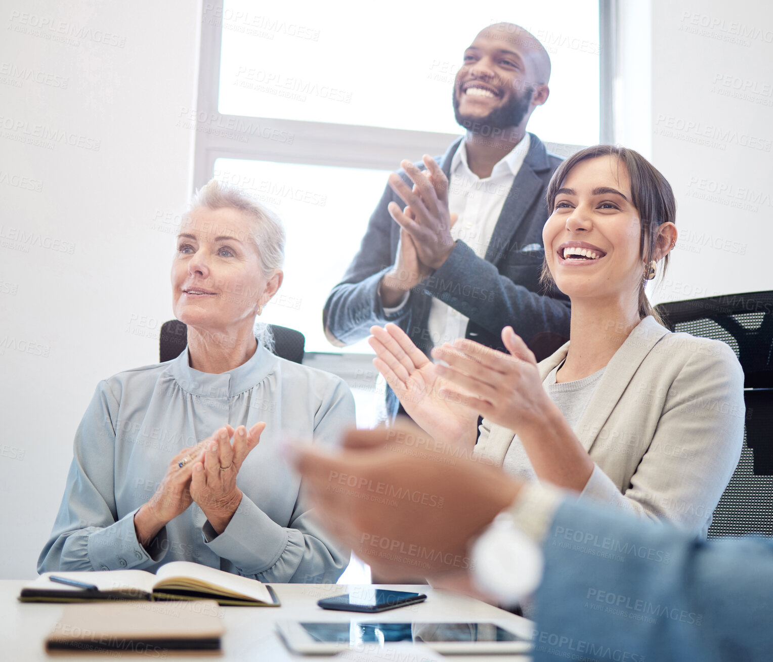 Buy stock photo Office, applause and people in business meeting, presentation or team building workshop with staff. Group, hands and clapping for celebration, achievement or corporate success, target or goal