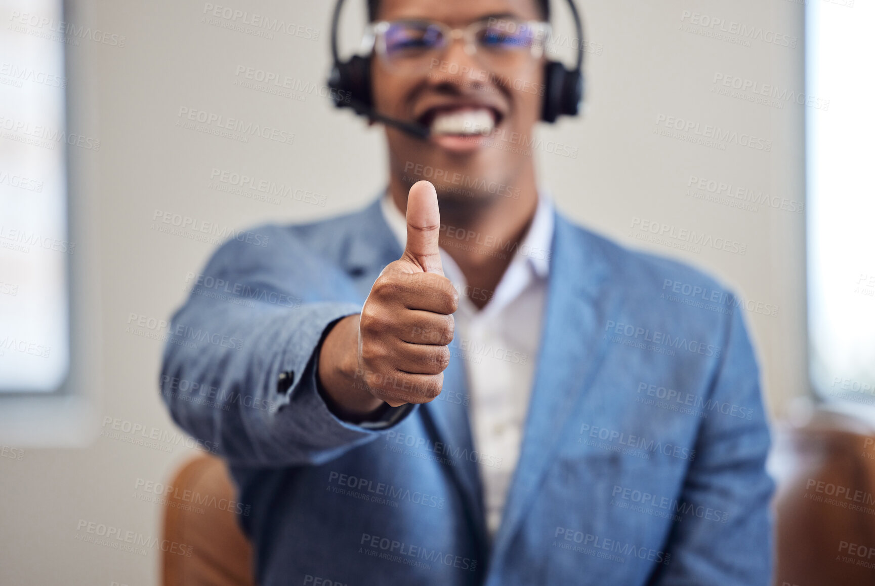 Buy stock photo Call center, agent and man with thumbs up in office, happy and customer service and support with employee. Telemarketing, company and mission or contact us with consultant, good job and gesture