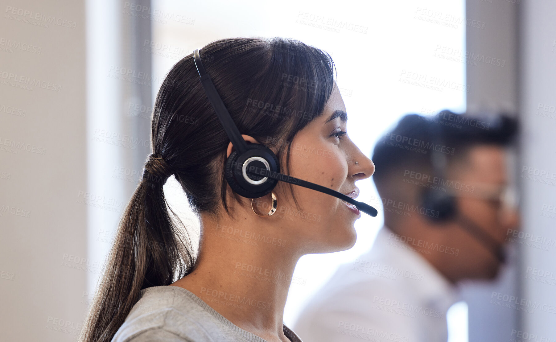 Buy stock photo Business woman, headset and call center office with smile for customer service, consulting or telemarketing. Talking, contact us and agent with help for communication, assistance or CRM support