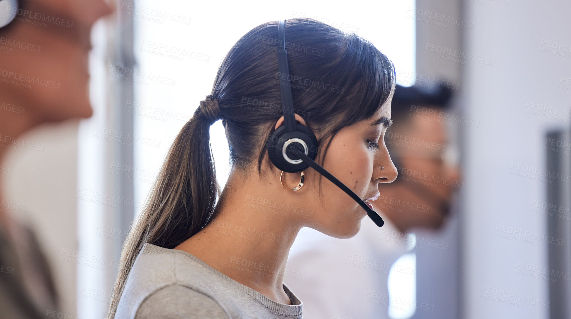 Buy stock photo Headset, call center and woman talking in office for customer service, consulting or telemarketing. Professional, contact us and female agent with help for communication, assistance or support