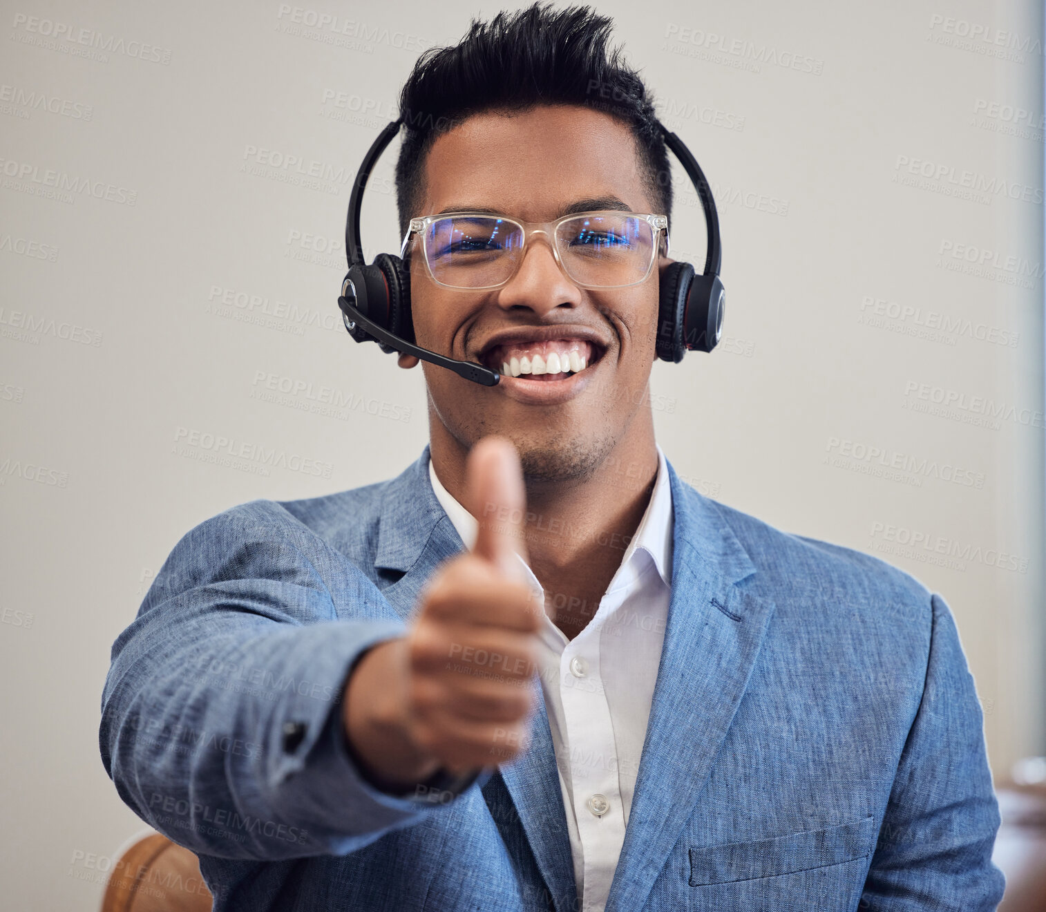 Buy stock photo Call center, agent and man with thumbs up or portrait, happy and customer service and support with employee. Telemarketing, company and mission or contact us with consultant, good job and gesture