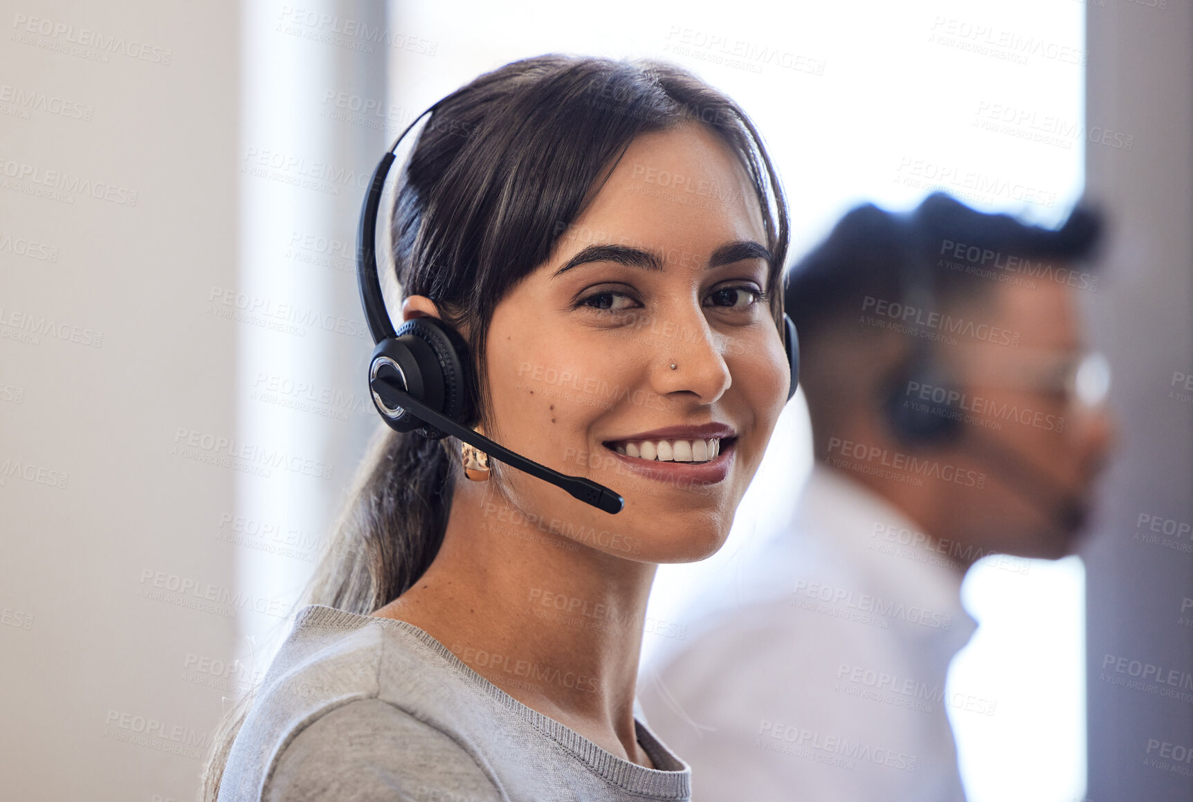 Buy stock photo Call center, agent and woman portrait in office, happy and customer service and employee support. Telemarketing, company and online conversation or contact us with consultant, hotline and workplace