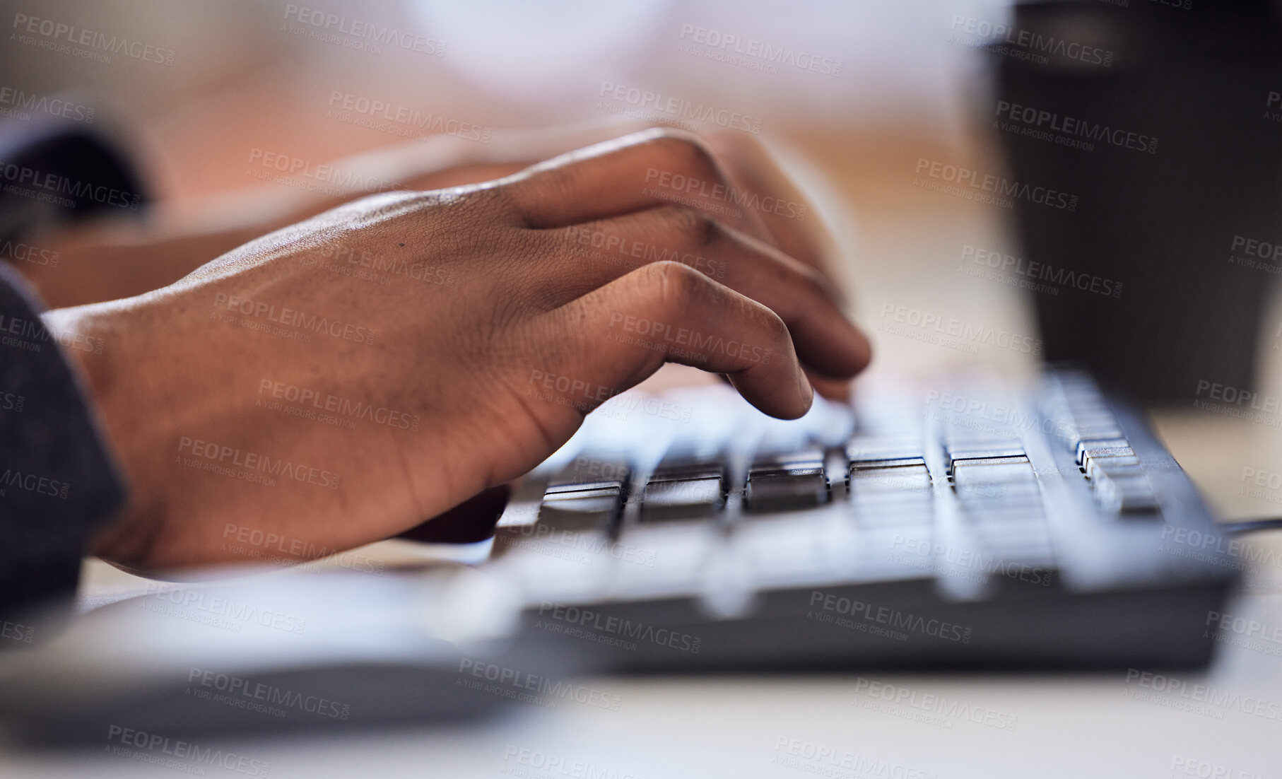 Buy stock photo Business, hands and person typing on computer for online research, review or report at desk. Technology, communication and networking with consultant writing email, article and keyboard in office.