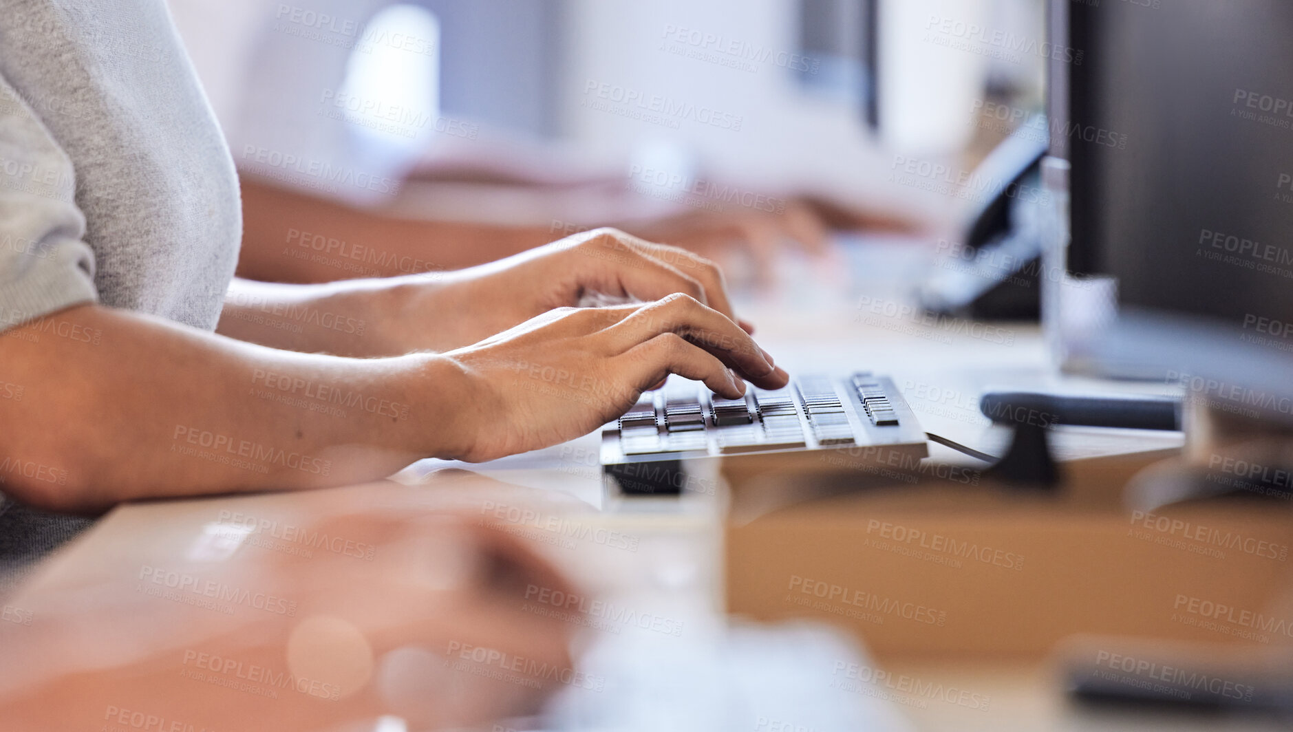 Buy stock photo Office, hands and person typing on computer for online research, review or report at desk. Technology, communication and networking with consultant with email, article or keyboard in coworking space.
