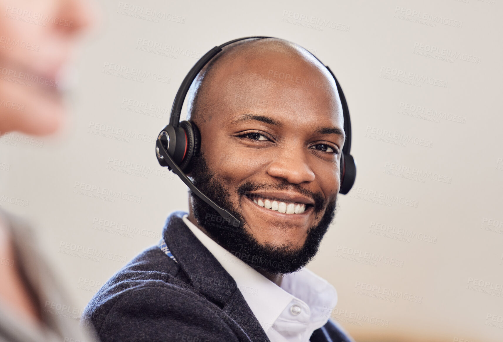 Buy stock photo Happy black man, portrait and call center with headphones for consulting, customer service or telemarketing at office. Face of African male person, consultant or agent with smile for online advice