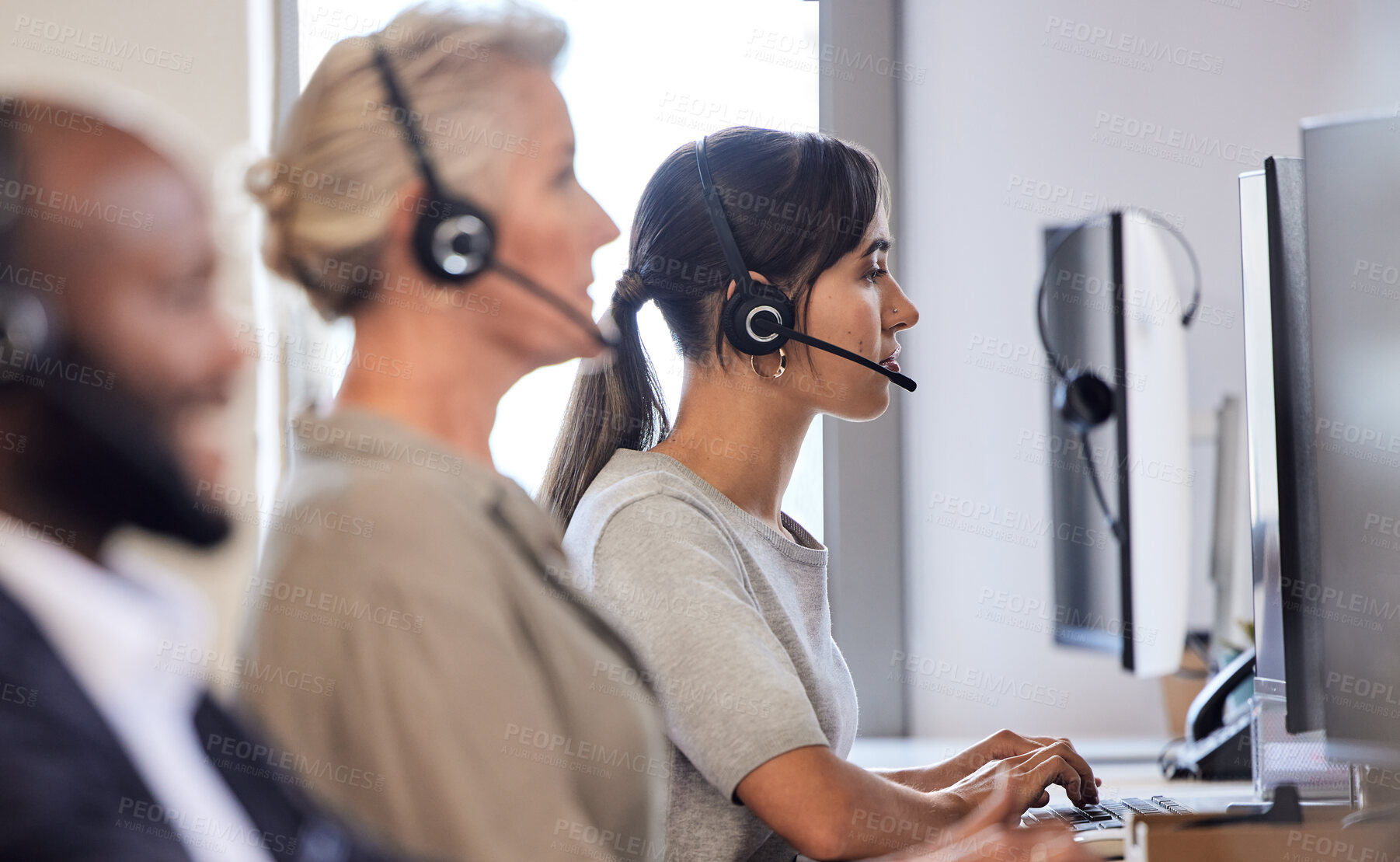 Buy stock photo Call center, headset and business people in office for customer service, consulting or telemarketing. Agent, contact us and employees with advice for communication, assistance or tech support 