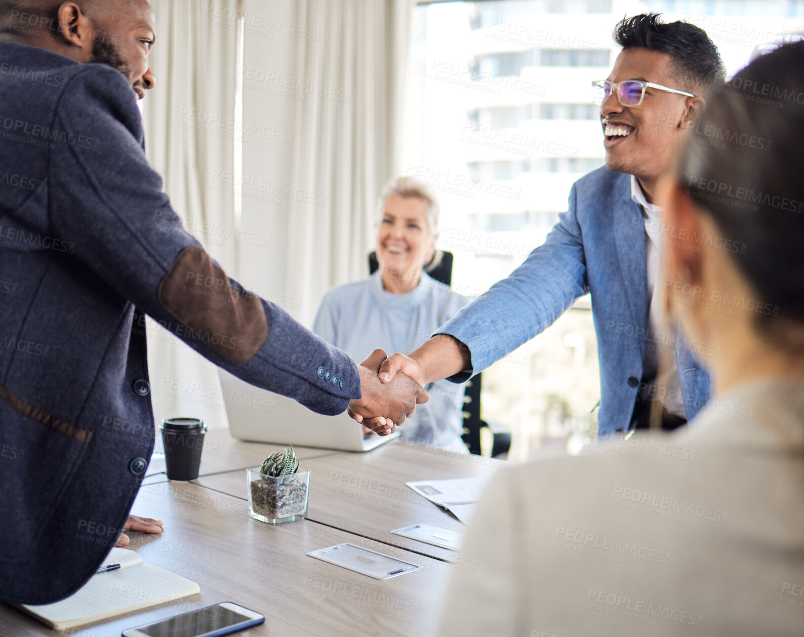 Buy stock photo Meeting, handshake and negotiation agreement with deal, success and b2b investment on project. Happy, commitment and people shaking hands with business partnership, contract or support entrepreneur