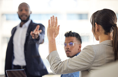Buy stock photo Closeup shot of a businesswoman raising her hand during a meeting in an office