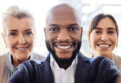 Buy stock photo Portrait of a group of businesspeople taking selfies together in an office
