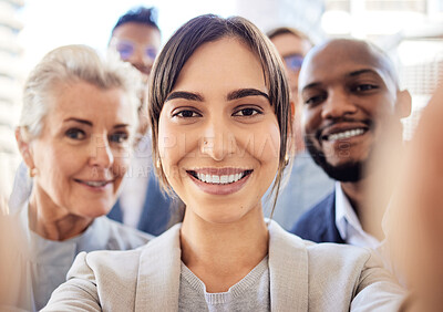 Buy stock photo Business woman, portrait and selfie for winning, good job or team success together at office. Group, happy manager and workers with happiness and smile for solidarity or union in professional work