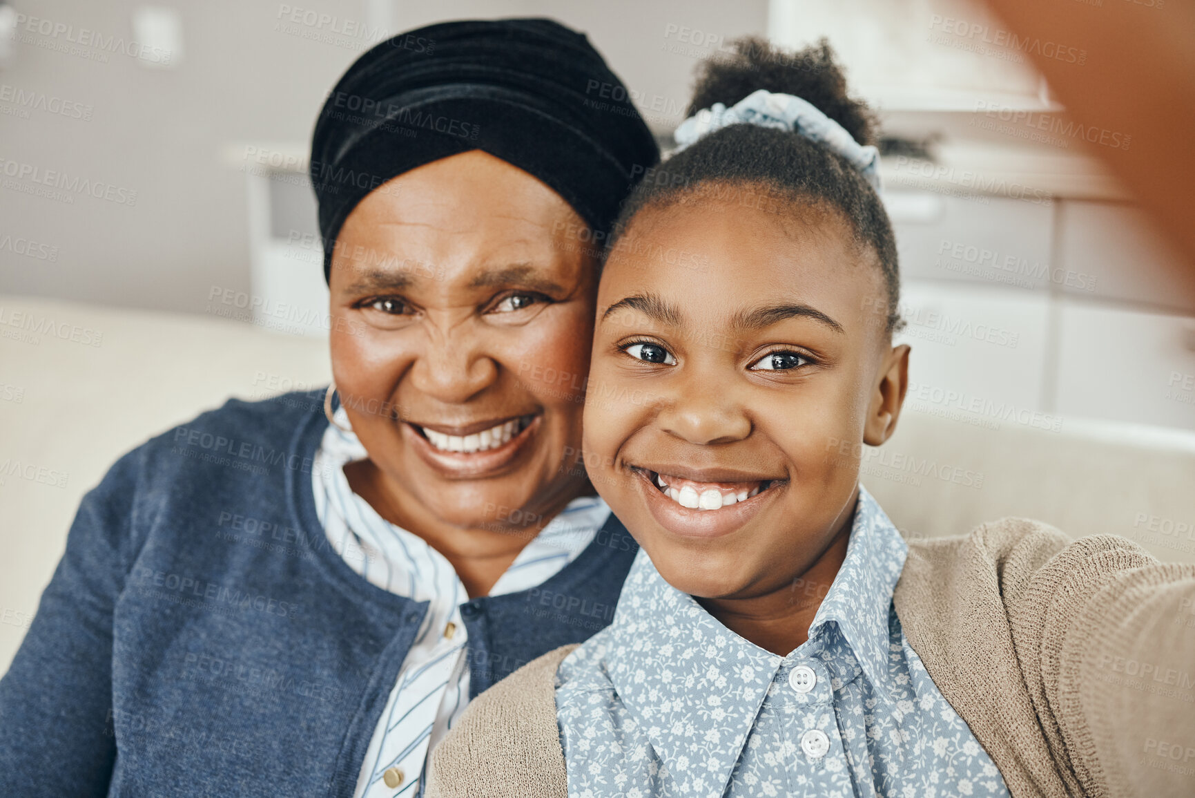 Buy stock photo Girl, grandmother and smile for selfie with bonding, happy memory and post for online blog in family home. Face portrait, child and profile picture together for love, social media and support