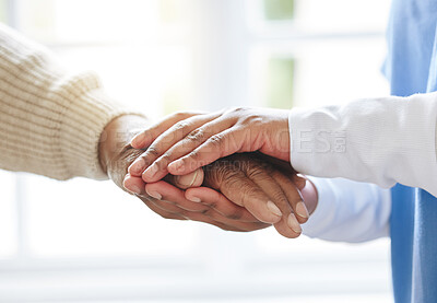 Buy stock photo Holding hands, senior patient and nurse for support, healthcare or empathy at nursing home. Elderly person and caregiver together for trust, homecare and counseling or help for health in retirement 
