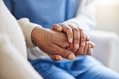 Buy stock photo Senior patient, nurse and holding hands for support, healthcare or empathy at nursing home. Elderly person and caregiver together for trust, homecare and counseling or help for health in retirement 