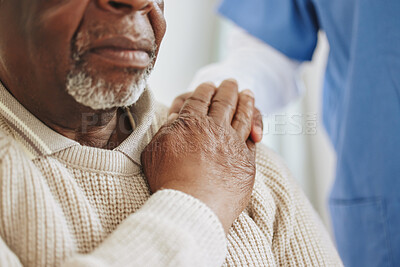 Buy stock photo Senior patient, nurse and holding hands for help, healthcare or empathy at nursing home. Elderly man and caregiver together for trust, homecare and counseling or support for health in retirement 