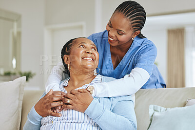 Buy stock photo Senior woman, nurse and hug for support, kindness and happiness in a retirement home. Elderly patient and black female caregiver together for trust, elderly care and help for health and wellness 
