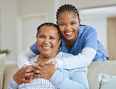 Buy stock photo Nurse woman, senior patient and hug portrait for support, healthcare and happiness at retirement home. Face of black person and caregiver together for trust, homecare and help with health insurance 