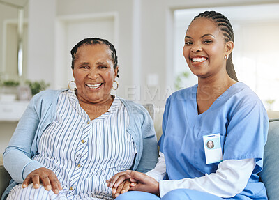 Buy stock photo Senior woman, nurse and holding hands portrait for support, healthcare and happiness at retirement home. Elderly black person and caregiver together for trust, elderly care and help with homecare