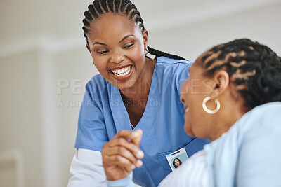Buy stock photo Senior patient, laughing and woman nurse together for support, healthcare and happiness. Black person and happy caregiver in retirement home for trust, elderly care and help for health and wellness 