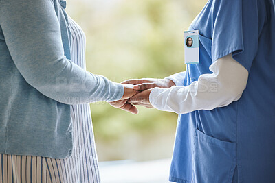 Buy stock photo Woman patient, nurse and holding hands for support, healthcare and kindness at nursing home. Senior person and caregiver together for trust, elderly care and help in retirement with kind empathy