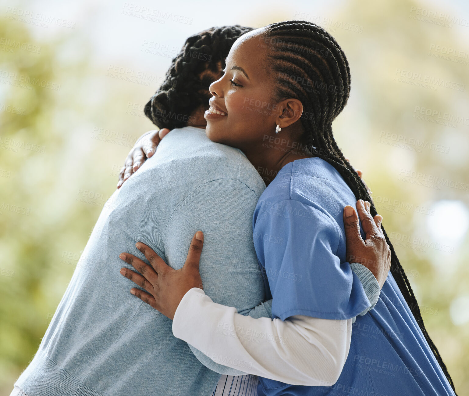 Buy stock photo Woman patient, nurse and hug outdoor for support, healthcare and happiness at nursing home. Happy black person, caregiver and together for trust, homecare and help service for health and wellness 