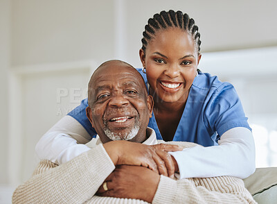 Buy stock photo Senior man, nurse and hug portrait on a sofa for support, healthcare and happiness at retirement home. Face of patient and black woman caregiver together for trust, elderly care or help for wellness 