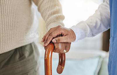 Buy stock photo Nurse, holding hands and patient with cane for help, healthcare or support at nursing home. Elderly person and caregiver together for trust, homecare and counselling or empathy for retirement health