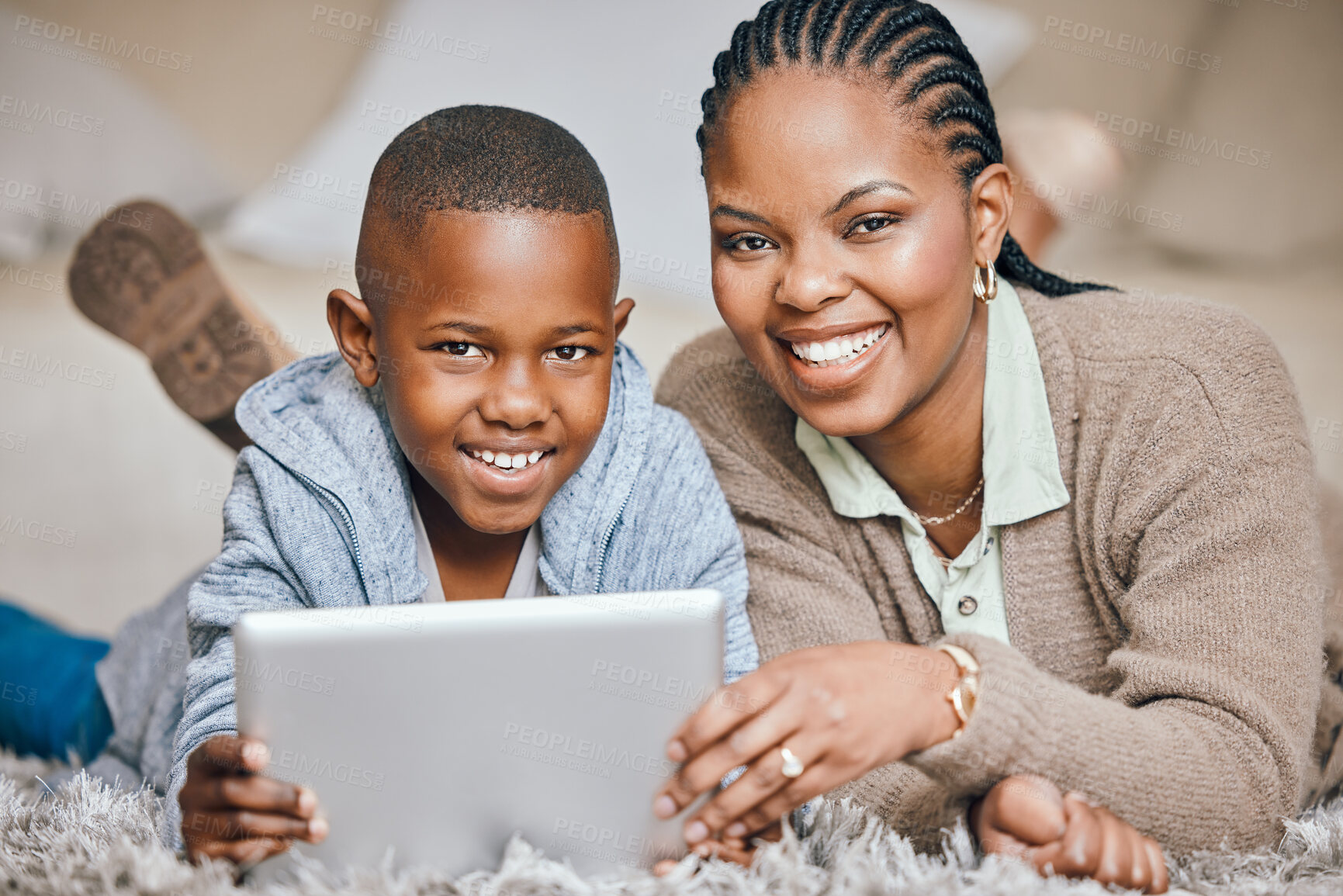 Buy stock photo Black family, portrait and tablet at house for streaming, education games and watch video of learning support. Mother, boy and digital for reading ebook, language development and storytelling website