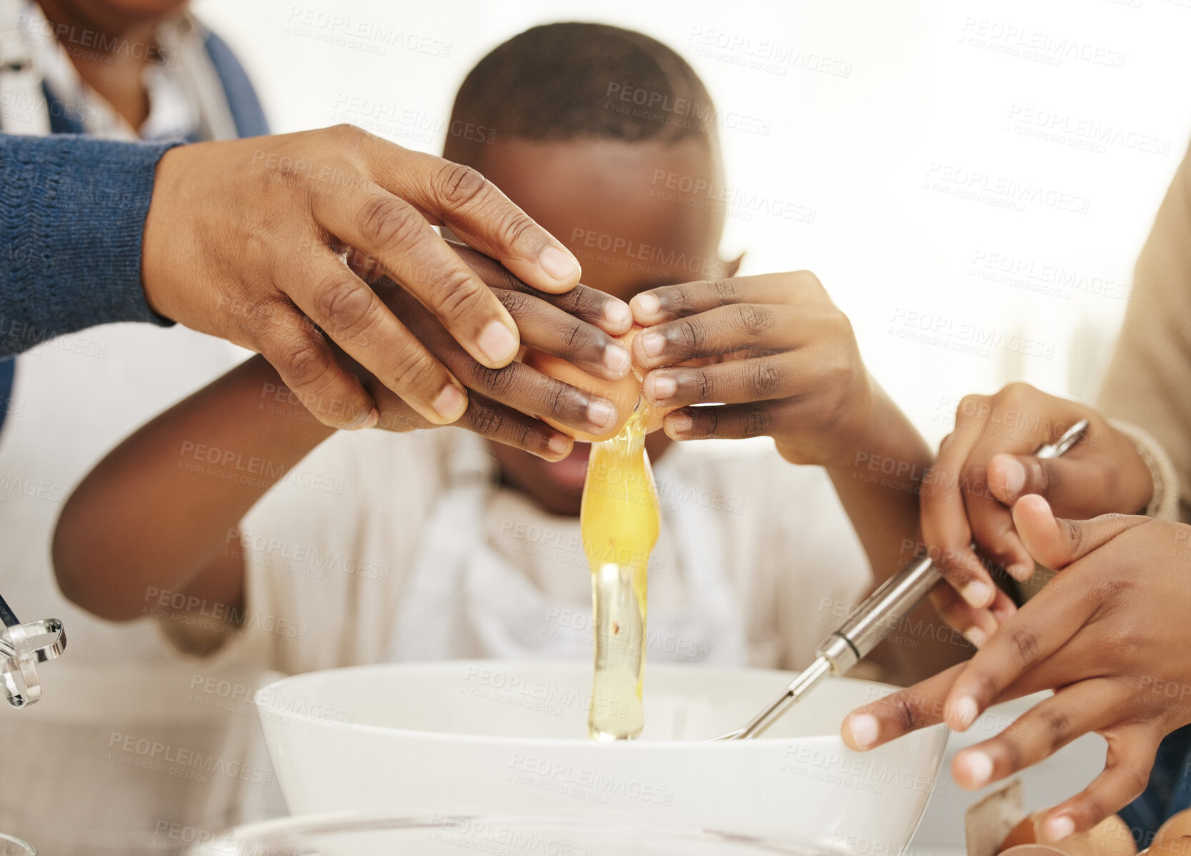 Buy stock photo Children, hands and baking with egg in bowl for mixture, ingredients or learning with help in kitchen at home. Closeup of kid or little boy with parental guidance for added product or mixing at house