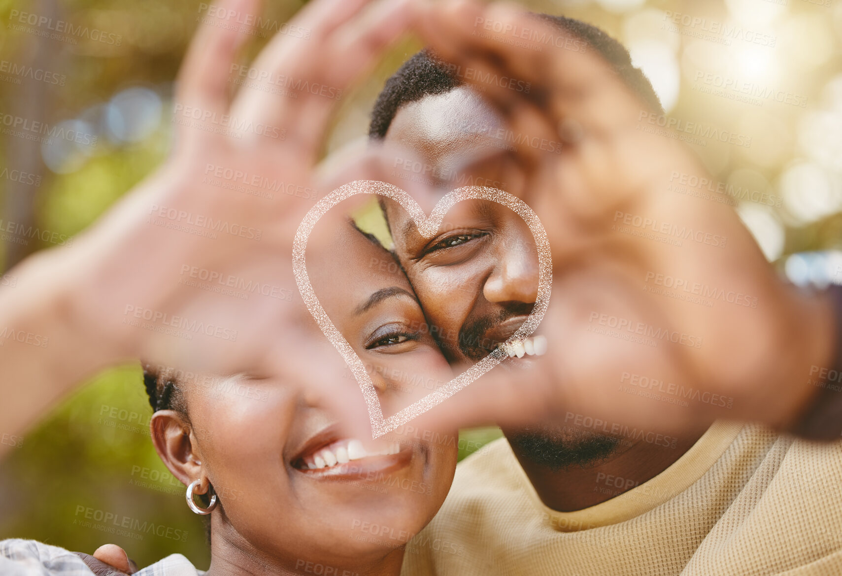 Buy stock photo Heart, icon and couple with hands outdoor for romance, affection and commitment in marriage with portrait. African people, love emoji and loyalty gesture in nature for caring or trust in relationship