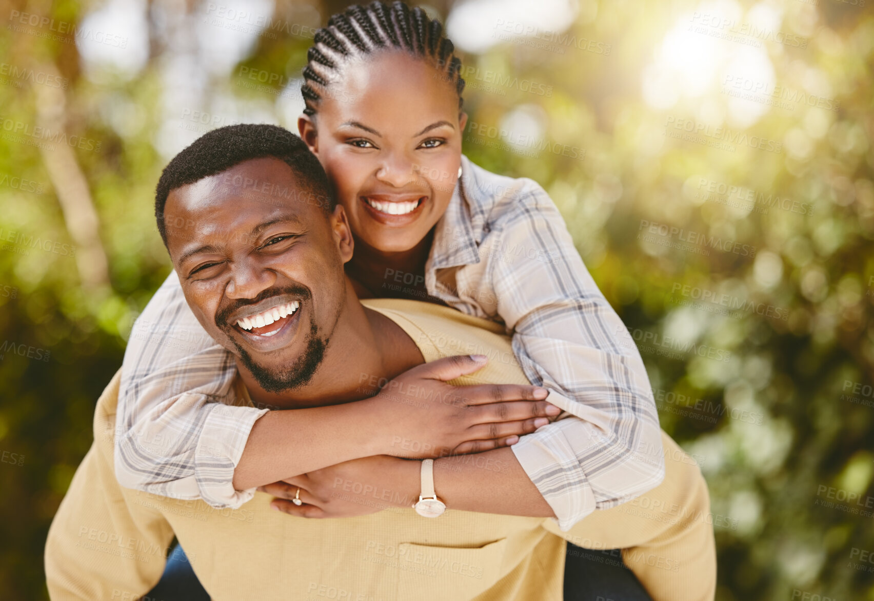 Buy stock photo Couple, piggyback and portrait outdoor for love, care and relationship with partner, fun and bonding. Man, woman and smile for embrace, support and trust with commitment, loyalty and playful soulmate